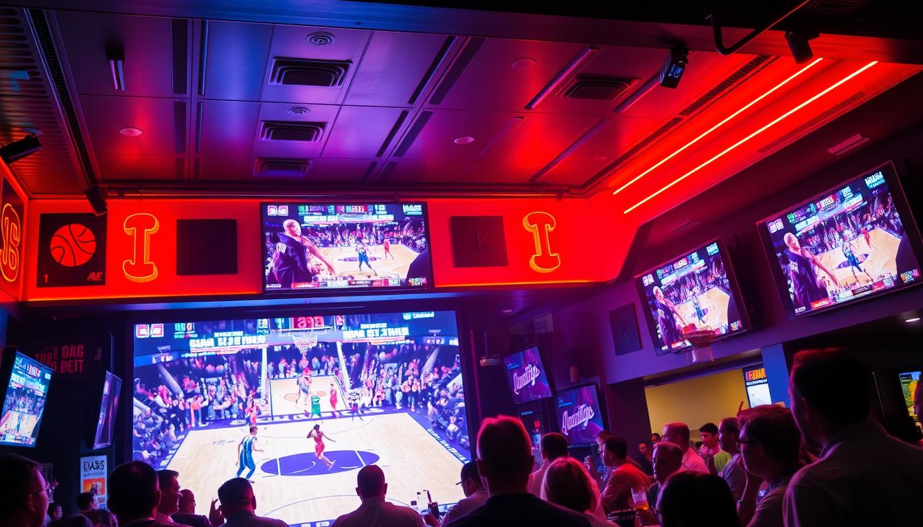 College basketball fans celebrating at a Las Vegas sports bar during March Madness.