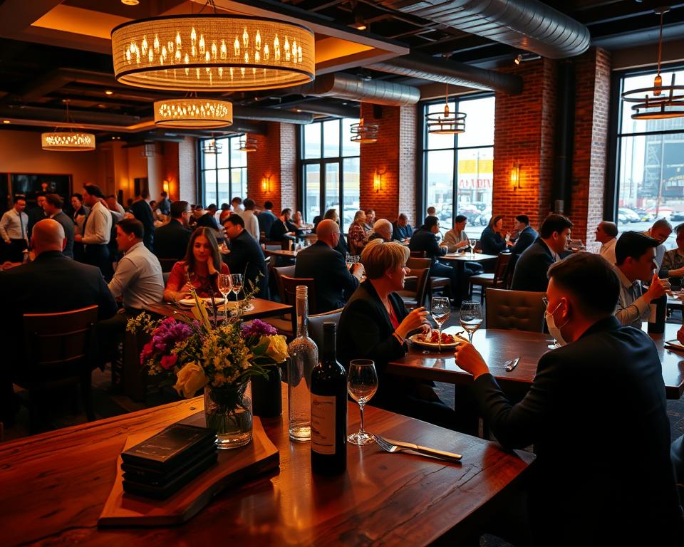 A vibrant Las Vegas restaurant with beautifully plated dishes and a lively dining atmosphere.