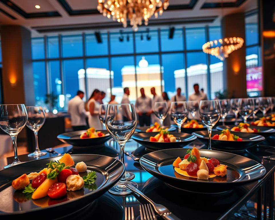 A well-organized event setup in a Las Vegas venue with elegant décor.
