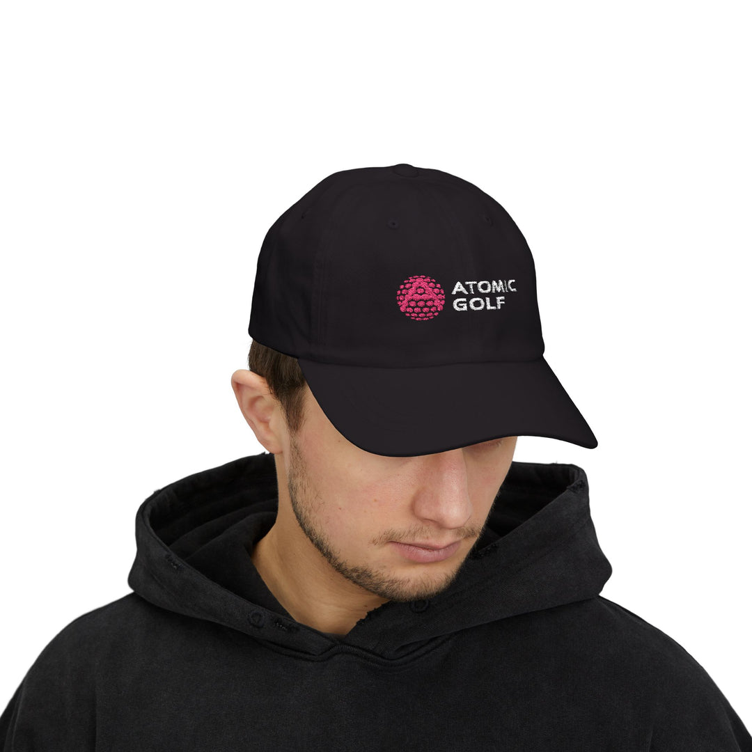Atomic Golf Classic Dad Cap - White Adjustable Hat for Golf Lovers - Black color