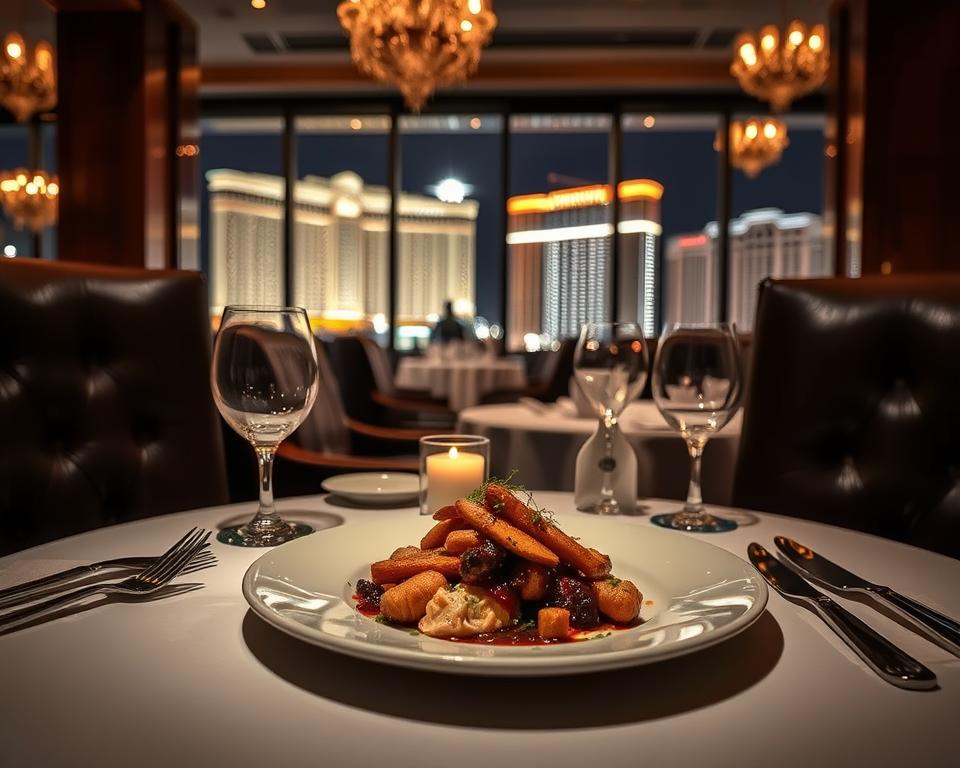A beautifully plated gourmet dish at a top Las Vegas restaurant, ready for an unforgettable dining experience.