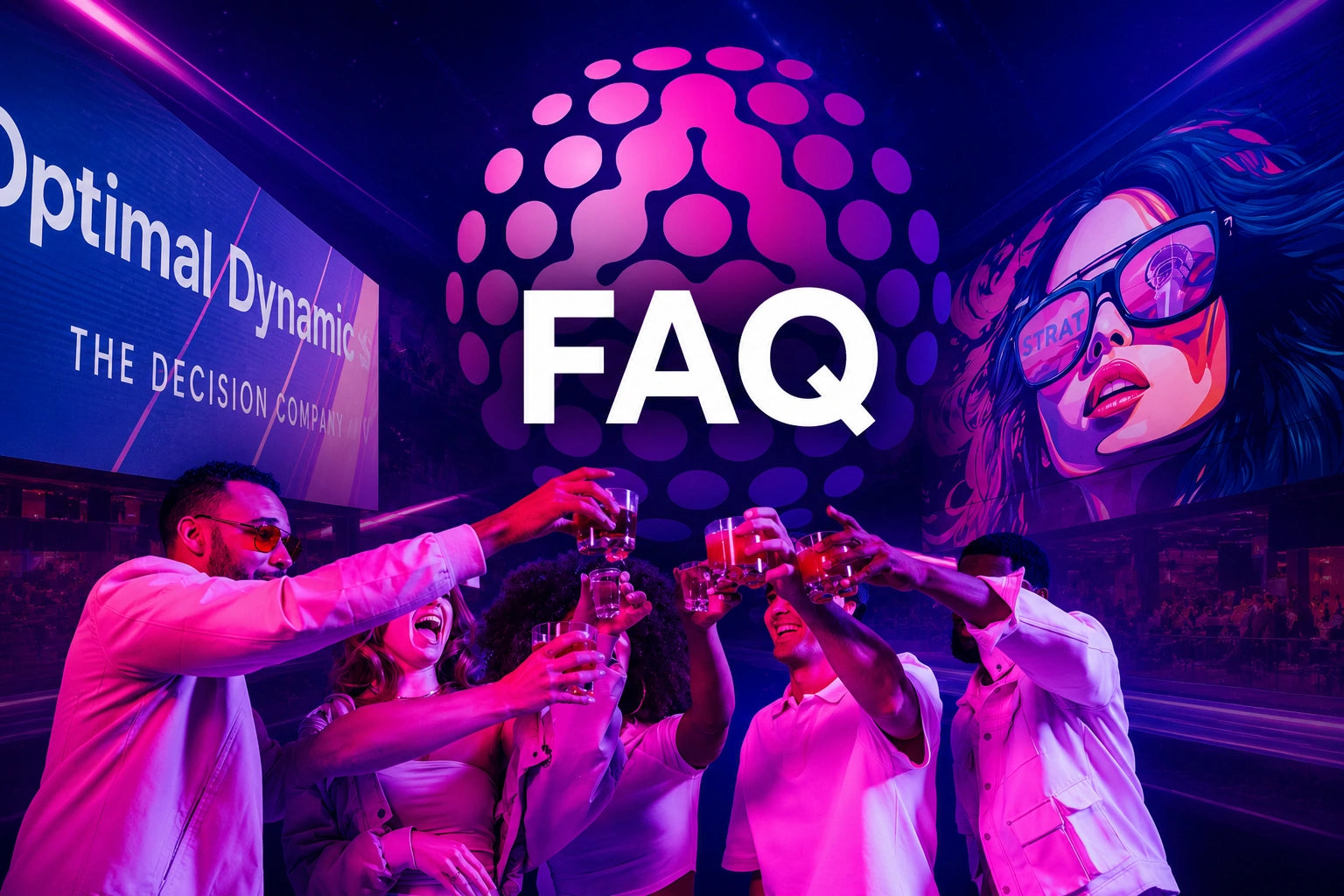 People celebrating with drinks in a club setting, featuring the 'FAQ' logo and Optimal Dynamic branding - Atomic Golf