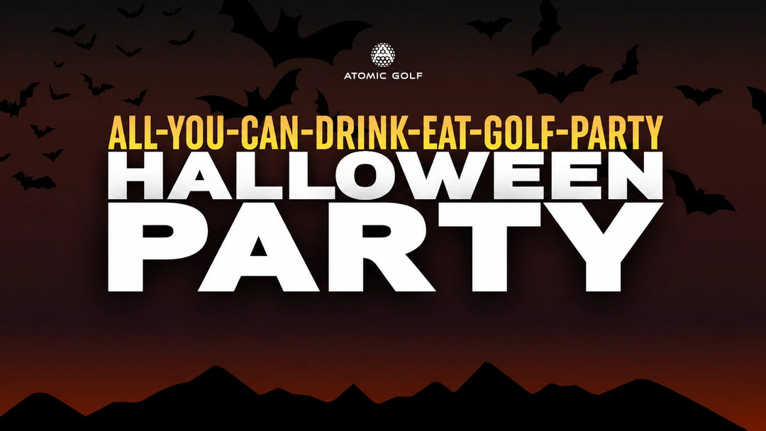 Promotional graphic for an Atomic Golf Halloween Party, featuring bold white and yellow text on a dark Halloween-themed background with bats and silhouetted mountains.