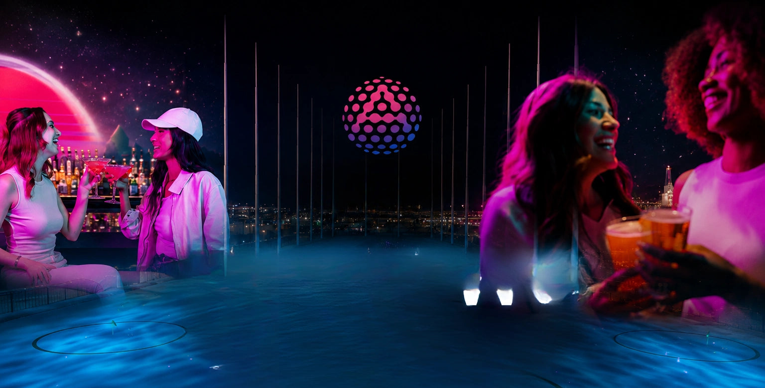 People enjoying a night at a rooftop bar with neon lights and city skyline - Atomic Golf