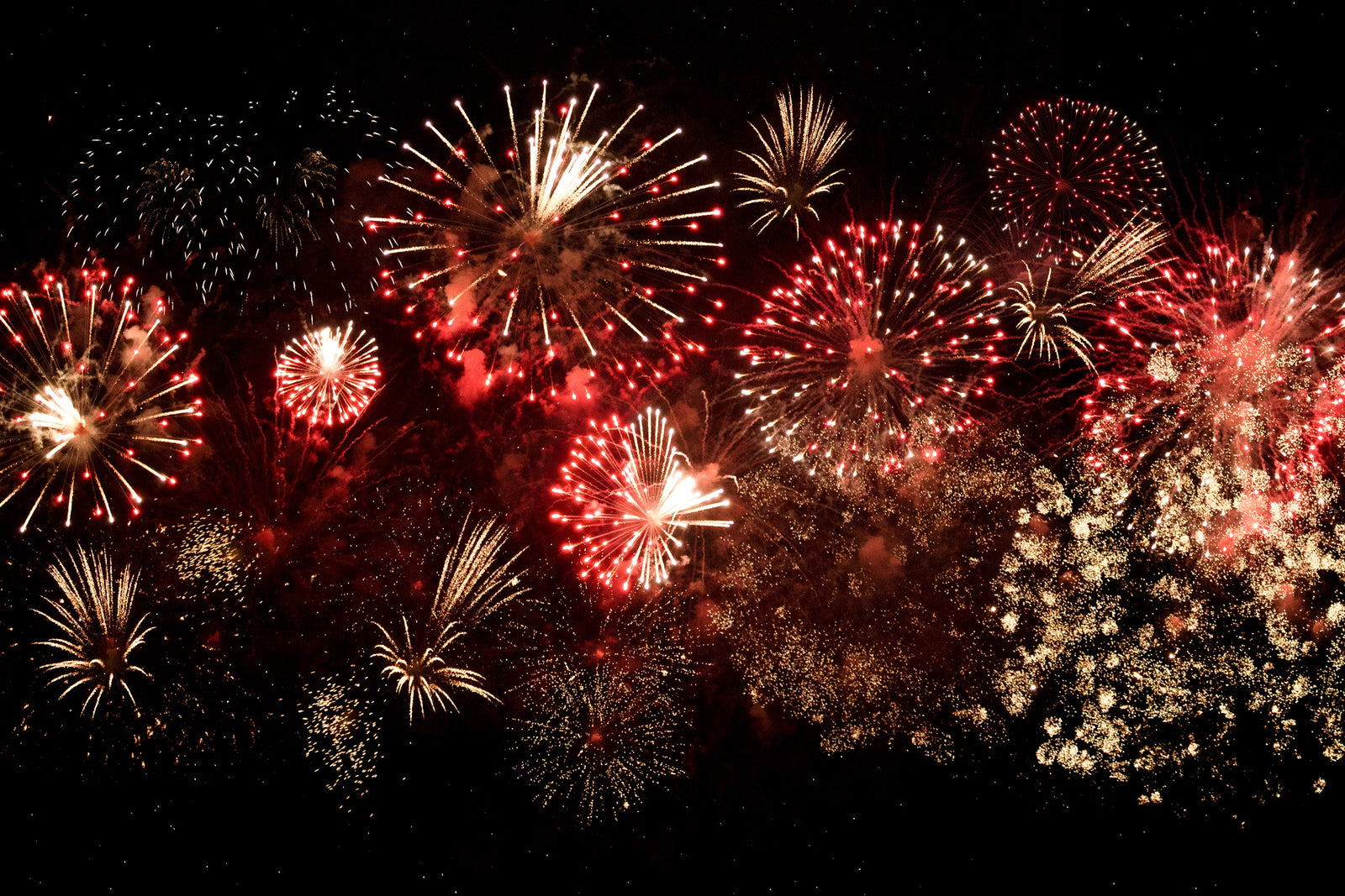 A night sky filled with numerous fireworks bursting in red, gold, and white against a black background.